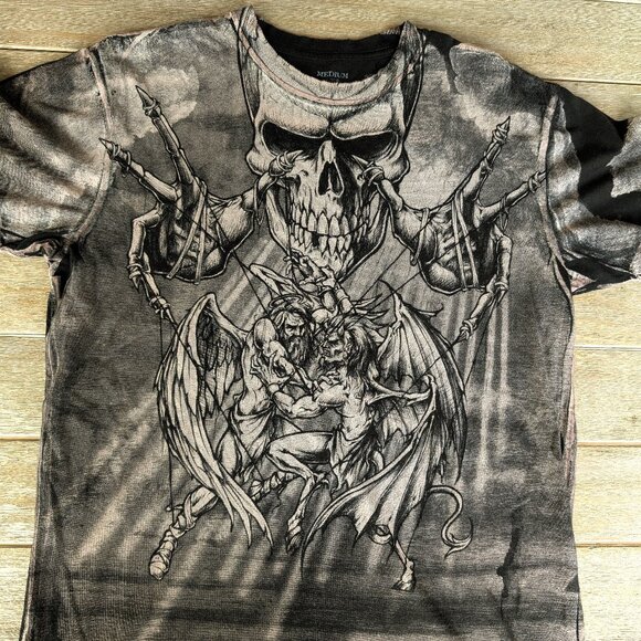 RARE Vintage Y2K Affliction Puppet Master God Vs Demon T-shirt Size Medium - Picture 1 of 4